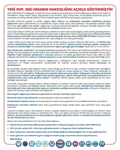Memur-Sen’den OVP açıklaması: "Kamu görevlisi ve emeklisinin görev aylığı ile emekli aylığı arasındaki makasın kapatılmasını bekliyoruz"
