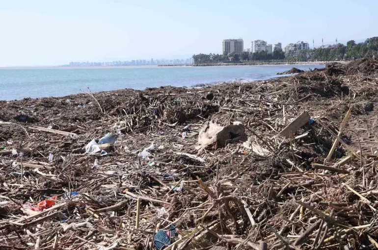 Mersin sahillerinde selin denize taşıdığı balçıklar temizleniyor
