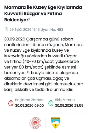 Meteoroloji açıkladı: Marmara ve Kuzey Ege’de fırtına bekleniyor