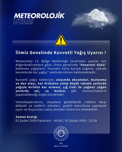 Meteorolojiden Bingöl için kuvvetli yağış uyarısı
