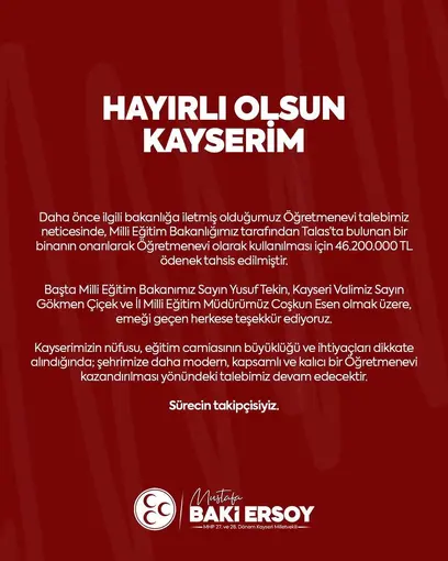 MHP’li Ersoy’dan Kayseri’ye ‘öğretmenevi’ müjdesi
