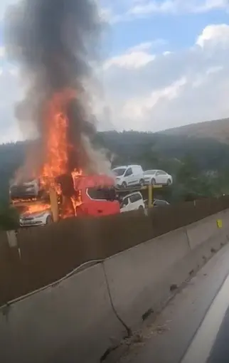 Otoyolda otomobil taşıyan tırda yangın
