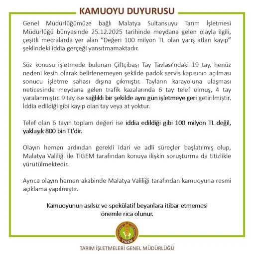 TİGEM’den ’değeri 100 milyon lira olan yarış atları kayıp’ iddialarına yalanlama
