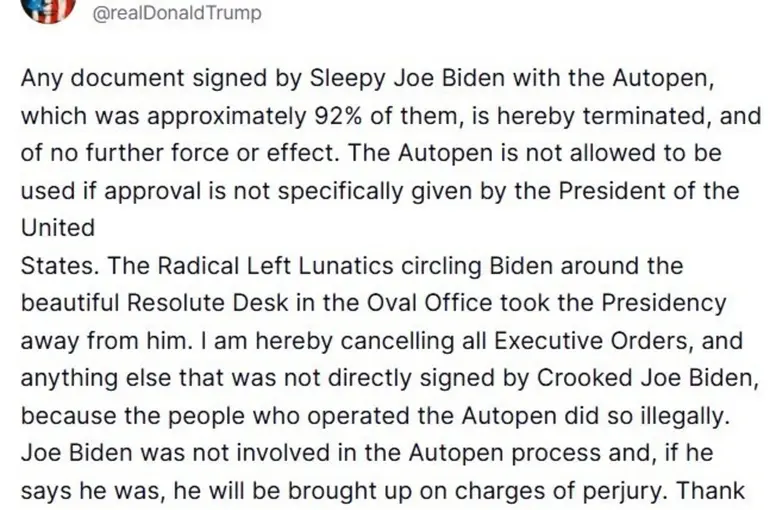 Trump, Selefi Biden’ın kendisi tarafından imzalanmadığını öne sürdüğü tüm başkanlık kararnamelerini iptal etti
