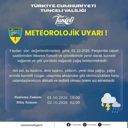 Tunceli için kuvvetli yağış uyarısı
