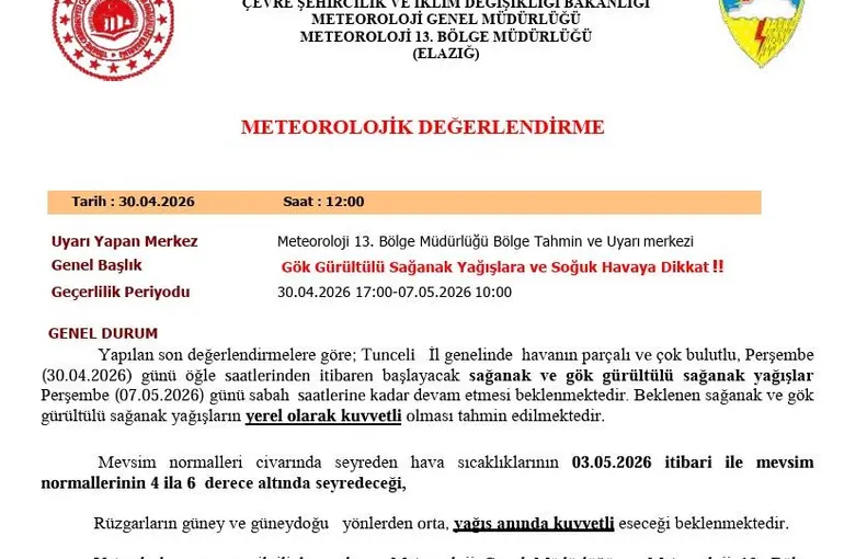 Tunceli için sağanak yağış uyarısı
