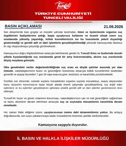 Tunceli Valiliği: "Suç oranlarında genel bir artış yok, aksine düşüş var"
