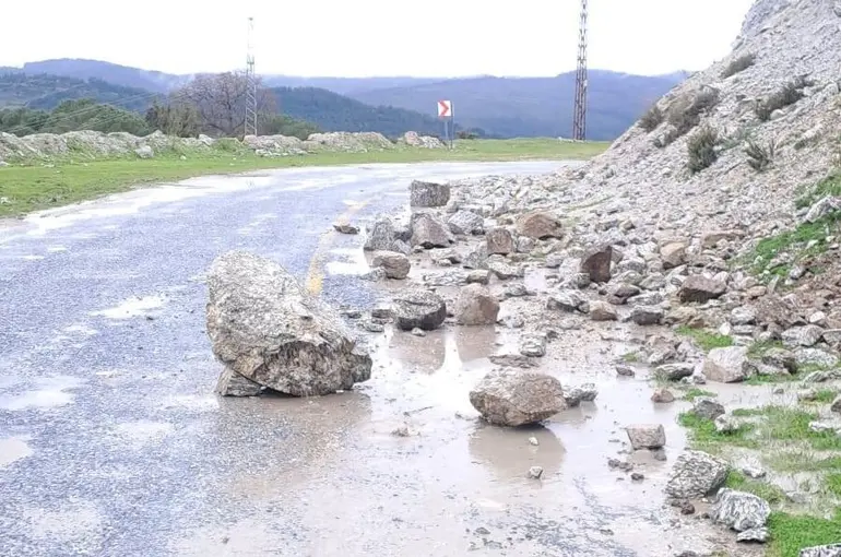 Yağış sonrası topraktan kaydı, kayalar yolu kapattı
