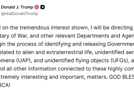 ABD Başkanı Trump’tan UFO hamlesi: "İlgili belgelerin erişime açılma sürecini başlatma talimatı vereceğim"