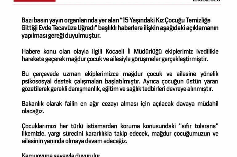 Aile ve Sosyal Hizmetler Bakanlığı, tecavüze uğradığı iddia edilen 15 yaşındaki kız için davaya müdahil olacak 