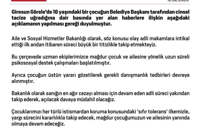 Aile ve Sosyal Hizmetler Bakanlığından Görele’deki taciz iddiasıyla ilgili açıklama: "Sıfır toleransla, yargı sürecini kararlılıkla takip edeceğiz"
