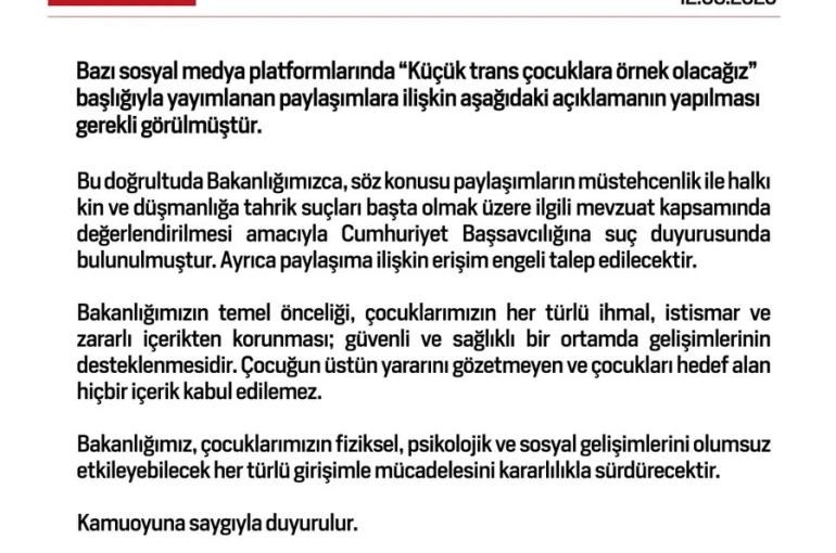 Aile ve Sosyal Hizmetler Bakanlığından "Küçük trans çocuklara örnek olacağız" paylaşımlarına suç duyurusu