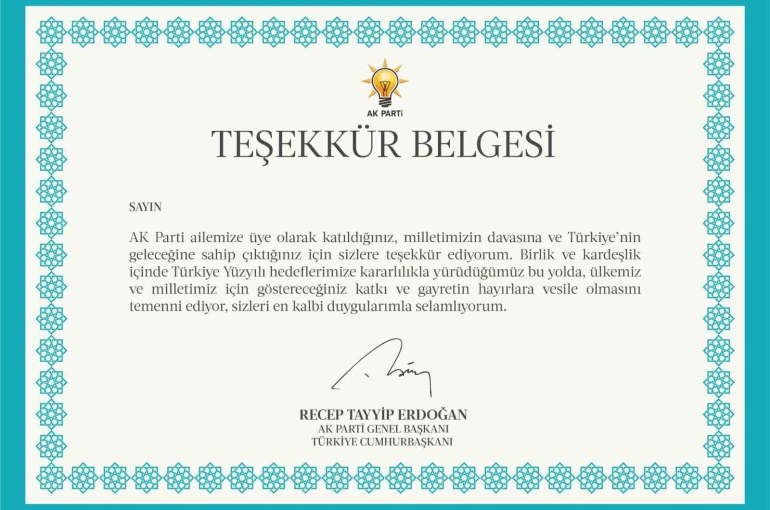 AK Parti’den 11,5 milyon üyesine Cumhurbaşkanı Erdoğan imzalı teşekkür belgesi