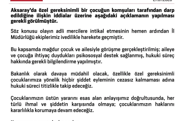 Aksaray’da komşuları tarafından darbedilen çocuğa psikososyal destek sağlandı