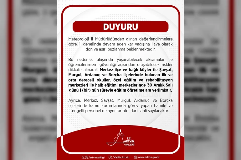 Artvin merkez ve 4 ilçede kar nedeniyle eğitime 1 gün ara verildi