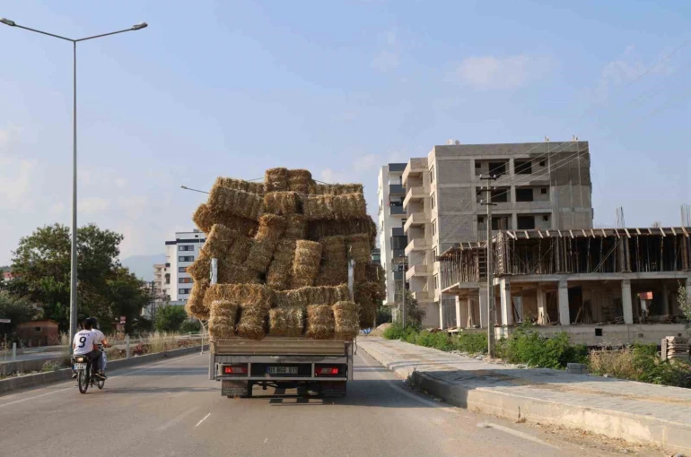 Aşırı saman yüklü pikabın trafikteki tehlikeli yolcuğu