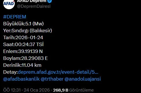 Balıkesir’de 5.1 büyüklüğünde deprem