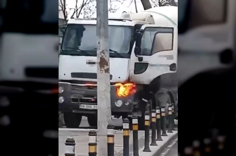 Beton kamyonu alev aldı, esnaf güçlükle söndürebildi