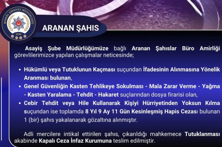 Bingöl’de 8 yıl kesinleşmiş hapis cezası bulunan zanlı yakalandı