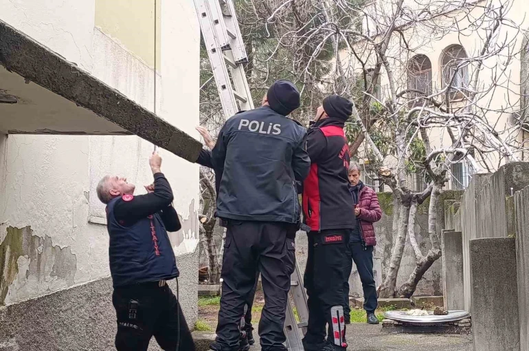 Çatı katında mahsur kalan kediyi polis ve itfaiye kurtardı