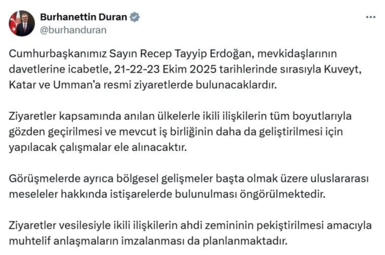 Cumhurbaşkanı Erdoğan, Kuveyt, Katar ve Umman'ı ziyaret edecek