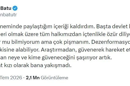 Deprem zamanında "Devlet yoktu" diye paylaşım yapan Pelin Batu özür diledi