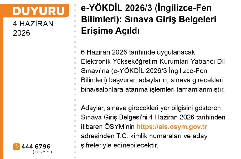 e-YÖKDİL 2026/3 sınava giriş belgeleri erişime açıldı