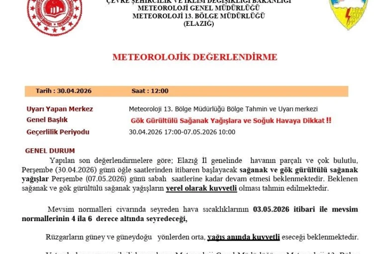 Elazığ için kuvvetli yağış uyarısı