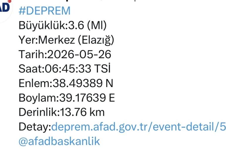 Elazığ’da 3.6 büyüklüğünde deprem