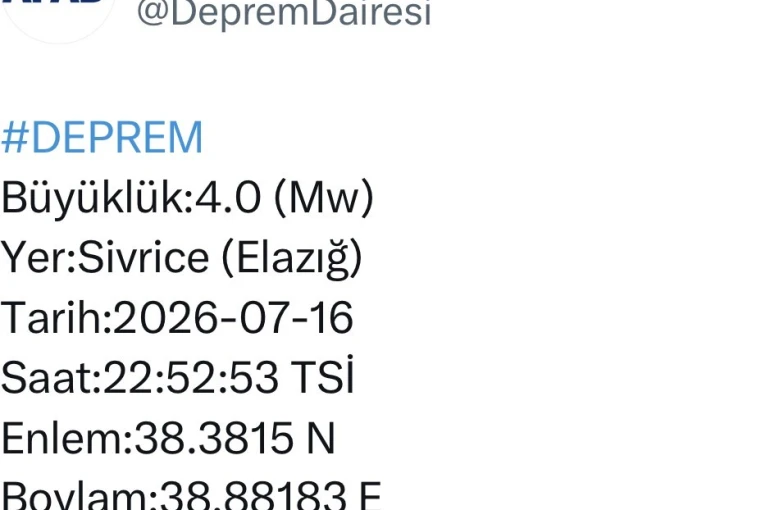 Elazığ’da 4.0 büyüklüğünde deprem