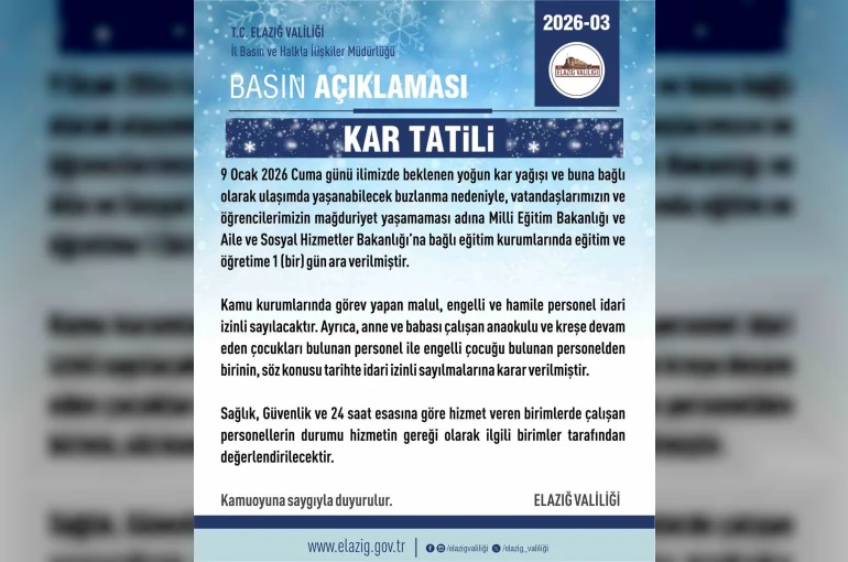 Elazığ’da eğitime 1 gün ara verildi
