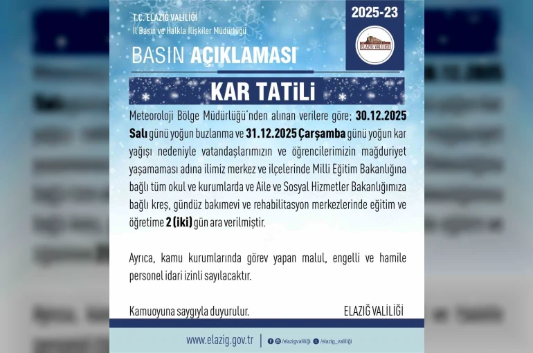 Elazığ’da eğitime 2 gün ara verildi