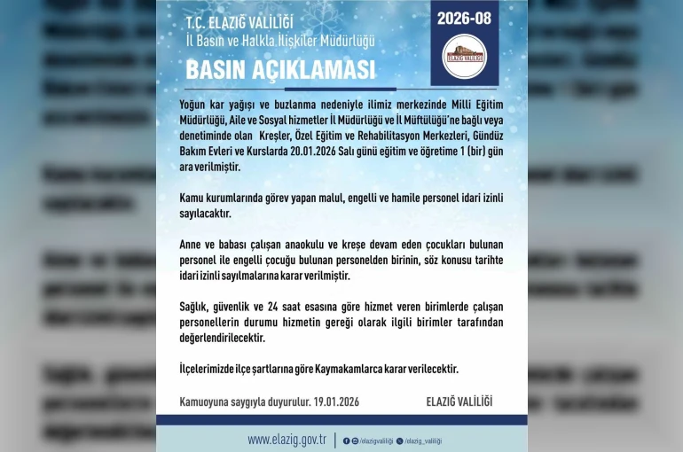 Elazığ’da rehabilitasyon ve bakımevi kurslarına 1 gün daha kar tatili