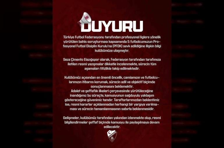 Elazığspor: "Gelişmeler kulübümüz tarafından izlenmekte"