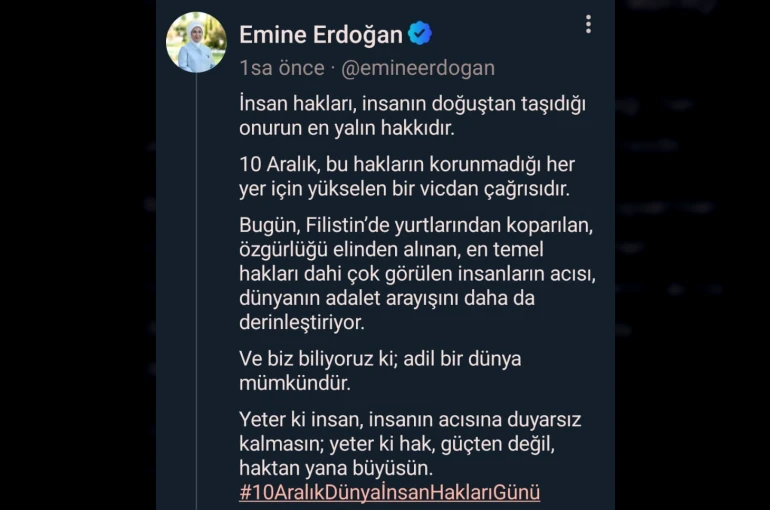 Emine Erdoğan: "Bugün Filistin’de yurtlarından koparılan, özgürlüğü elinden alınan, en temel hakları dahi çok görülen insanların acısı, dünyanın adalet arayışını daha da derinleştiriyor"