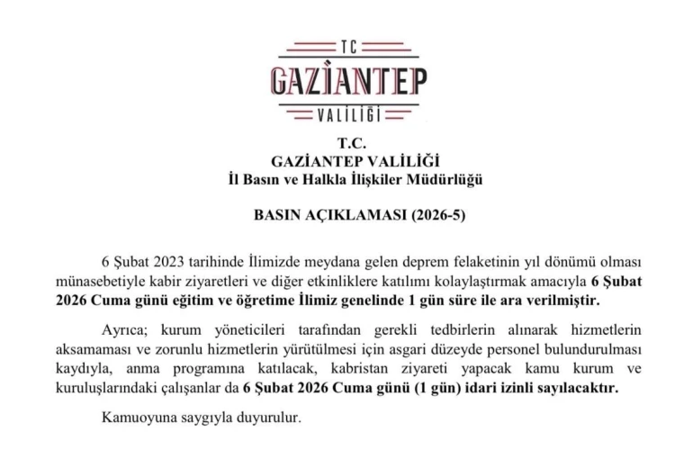 Gaziantep’te 6 Şubat’ta eğitime 1 gün ara verildi