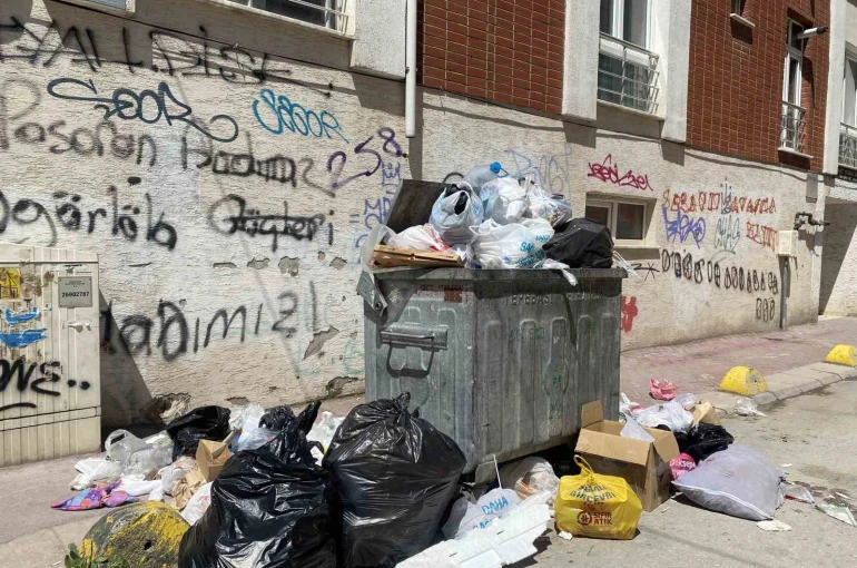 Güllük Mahallesinde yetersiz çöp konteynırı sebebiyle çöpler yollara taştı