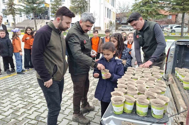 Hisarcık’ta minikler saksılarda karaçam fidanı yetiştirecek