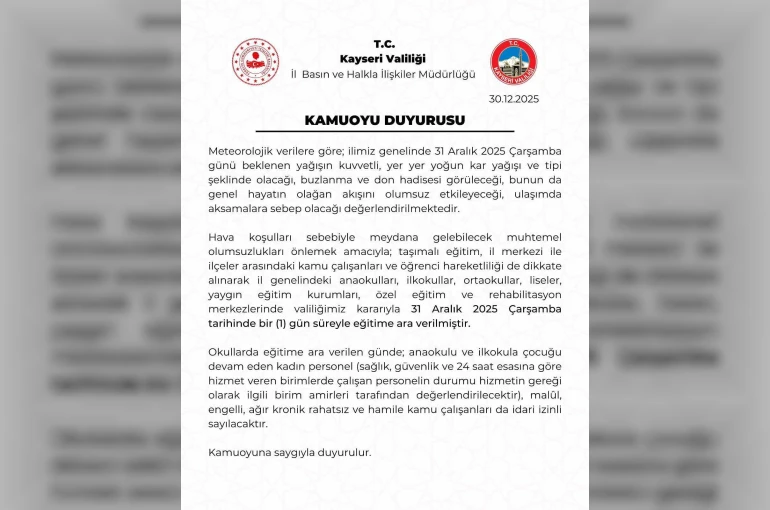Kayseri’de eğitime 1 gün ara verildi