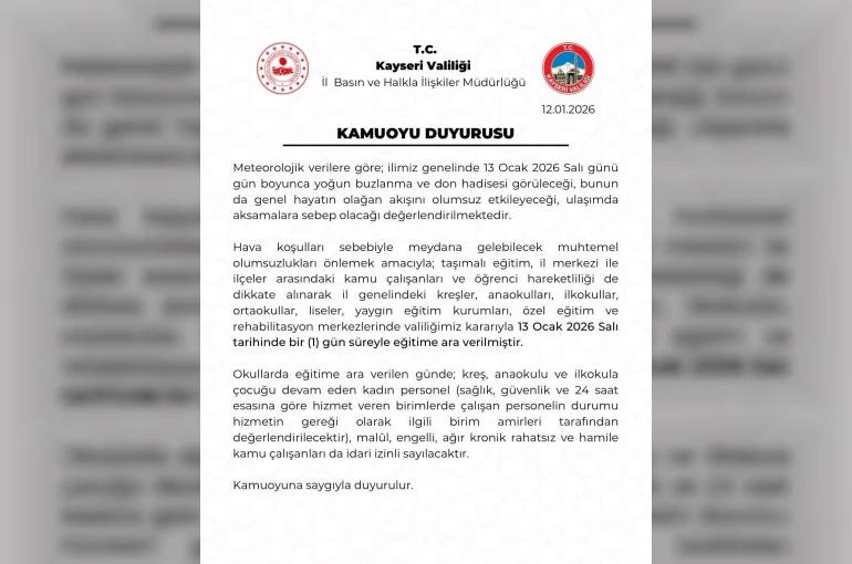 Kayseri’de eğitime 1 gün ara verildi