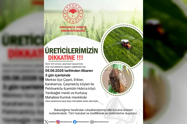 Kırklareli’nde süne zararlısına karşı ilaçlı mücadele kararı