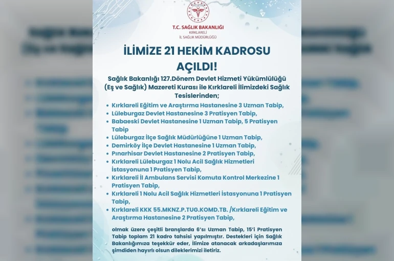Kırklareli’ne 21 hekim kadrosu tahsis edildi 