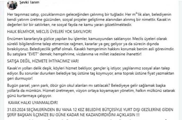 Meclis üyesinden Kavak Belediyesi’ne ’arazi satışı’ eleştirisi