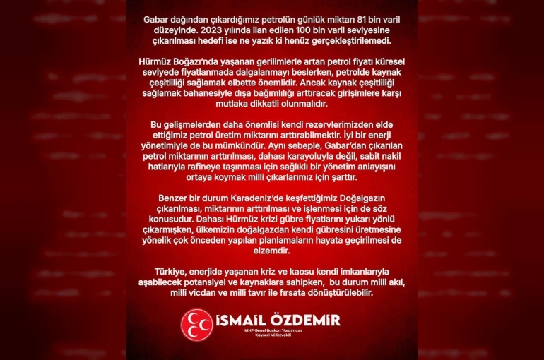 MHP’li Özdemir: "Gabar’dan çıkarılan petrolün arttırılması ve sabit nakil hatlarıyla rafineye taşınması için sağlıklı bir yönetim anlayışını ortaya koymak milli çıkarlarımız için şarttır"