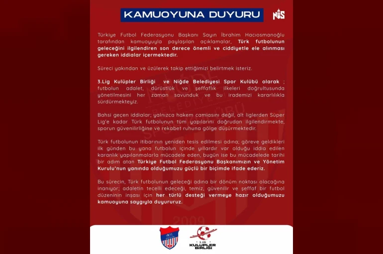 Niğde Belediyespor’dan TFF’ye destek