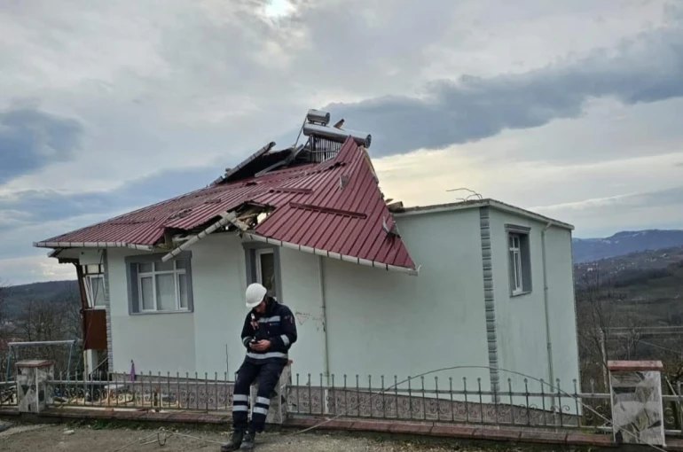 Ordu’da fırtına nedeniyle çatı uçtu, ağaç devrildi