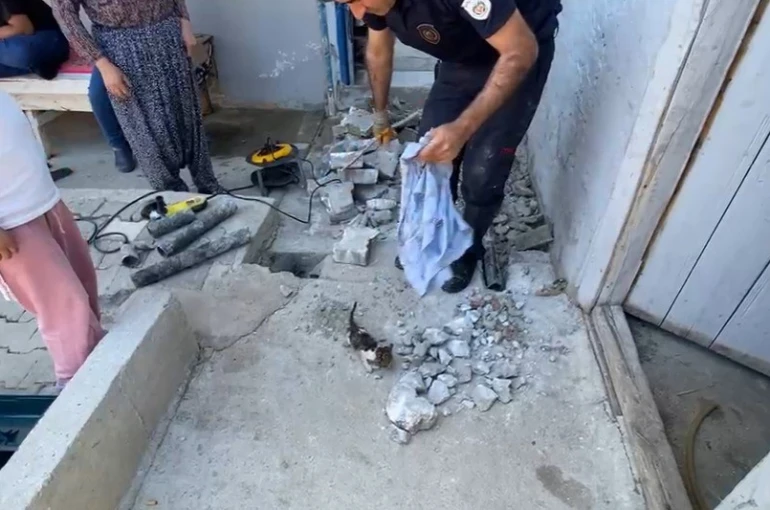 Plastik boruya sıkışan yavru kedi itfaiye ekiplerince kurtarıldı