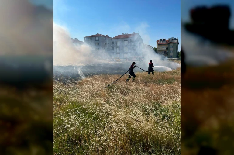 Rüzgarın etkisiyle büyüyen ot yangını evlere ulaşmadan söndürüldü