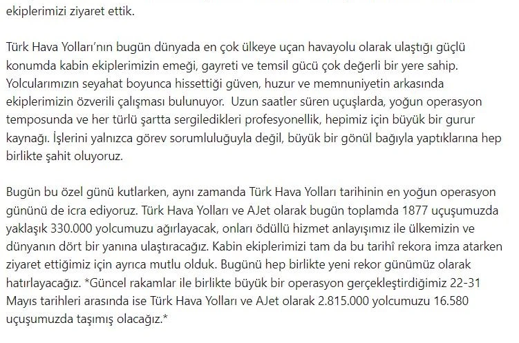 THY Yönetim Kurulu Başkanı Murat Şeker, Dünya Kabin Memurları Günü’nü kutladı