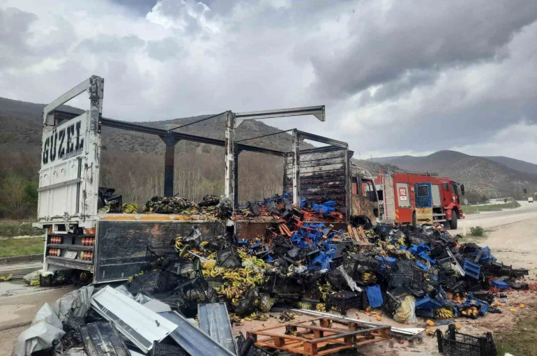 Tokat’ta çilek yüklü kamyon yandı